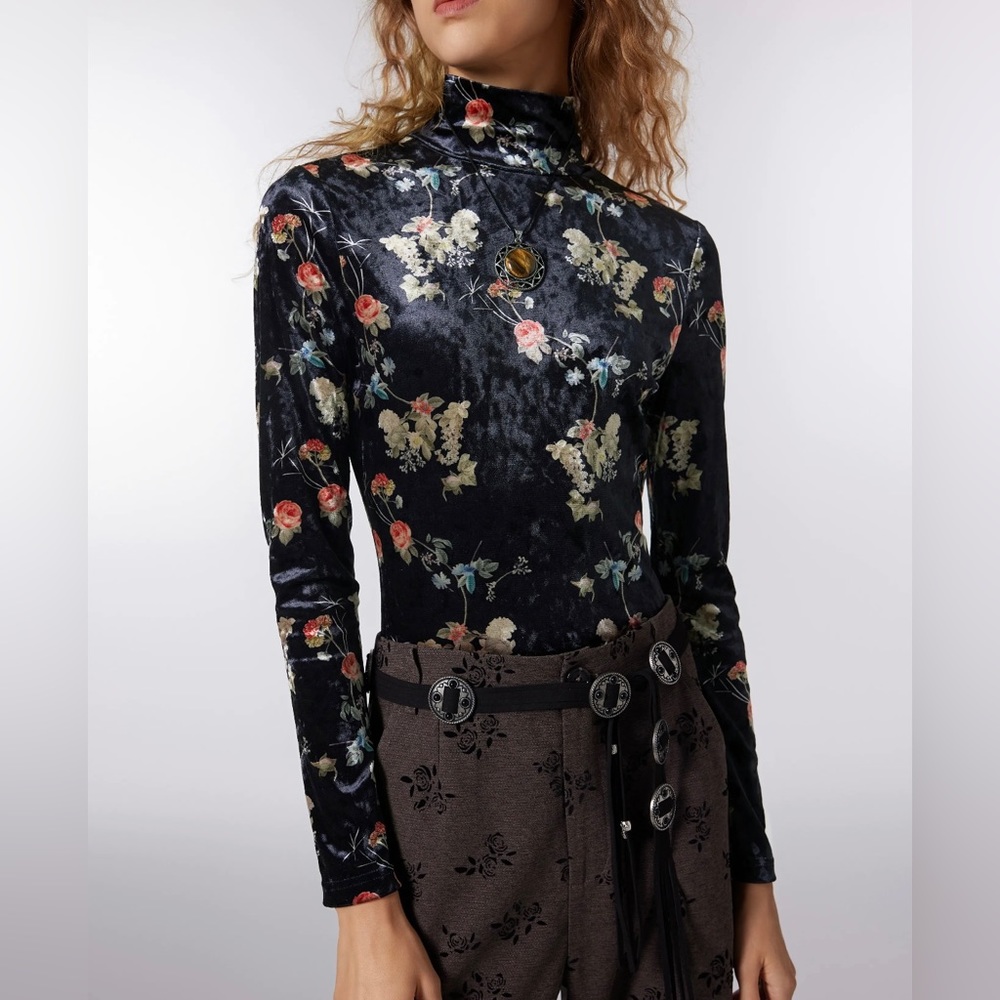 Black floral mock neck velvet bodysuit long sleeve
